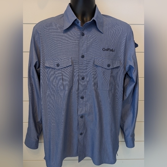 Land's End Long Sleeve Button Up Fishing Shirt Mens Medium 15-15.5 Blue Go Fish - Picture 1 of 10